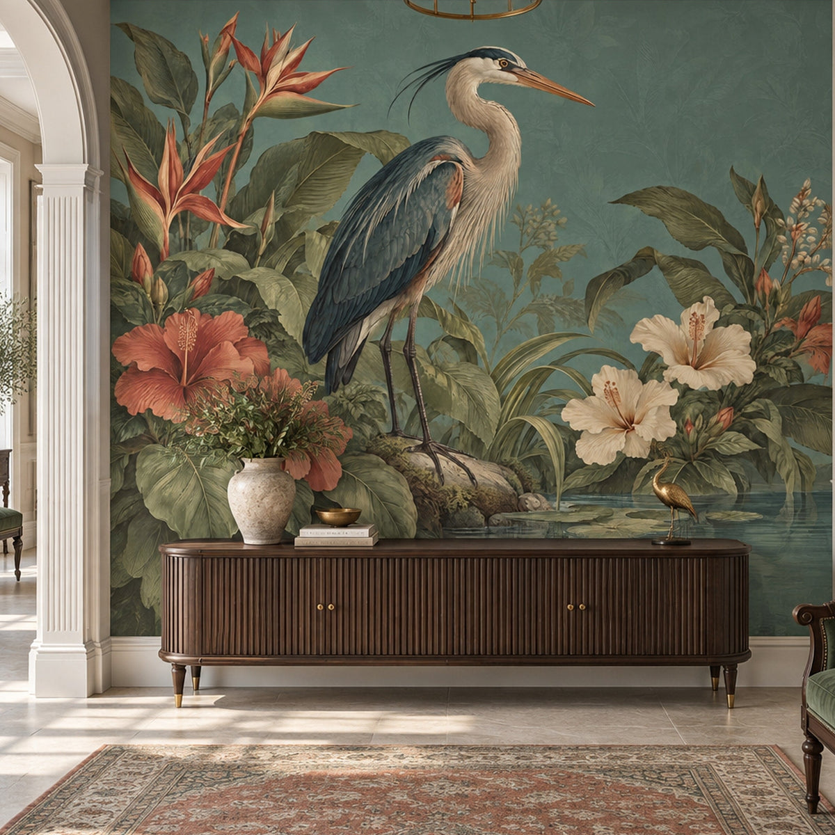 Heron Pond Wallpaper Tropical Botanical Wall Mural