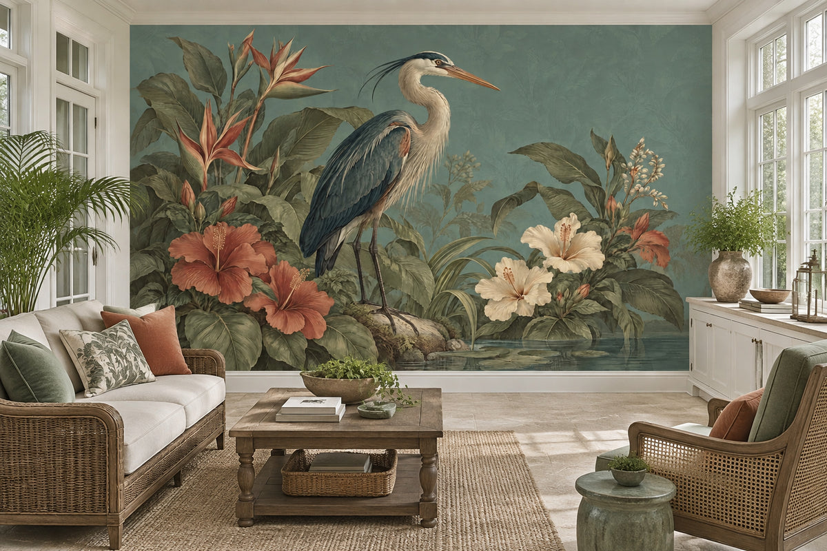 Heron Pond Wallpaper Tropical Botanical Wall Mural