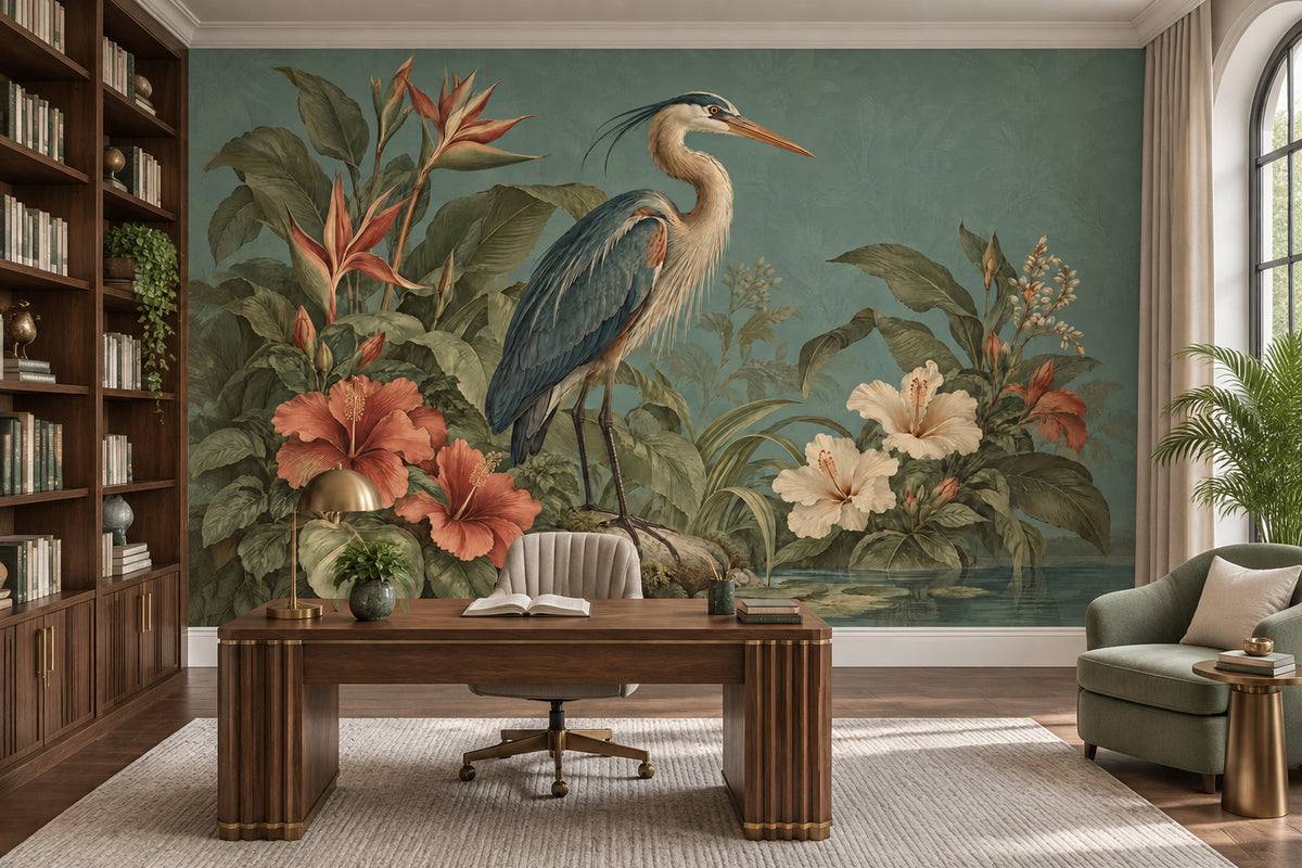 Heron Pond Wallpaper Tropical Botanical Wall Mural
