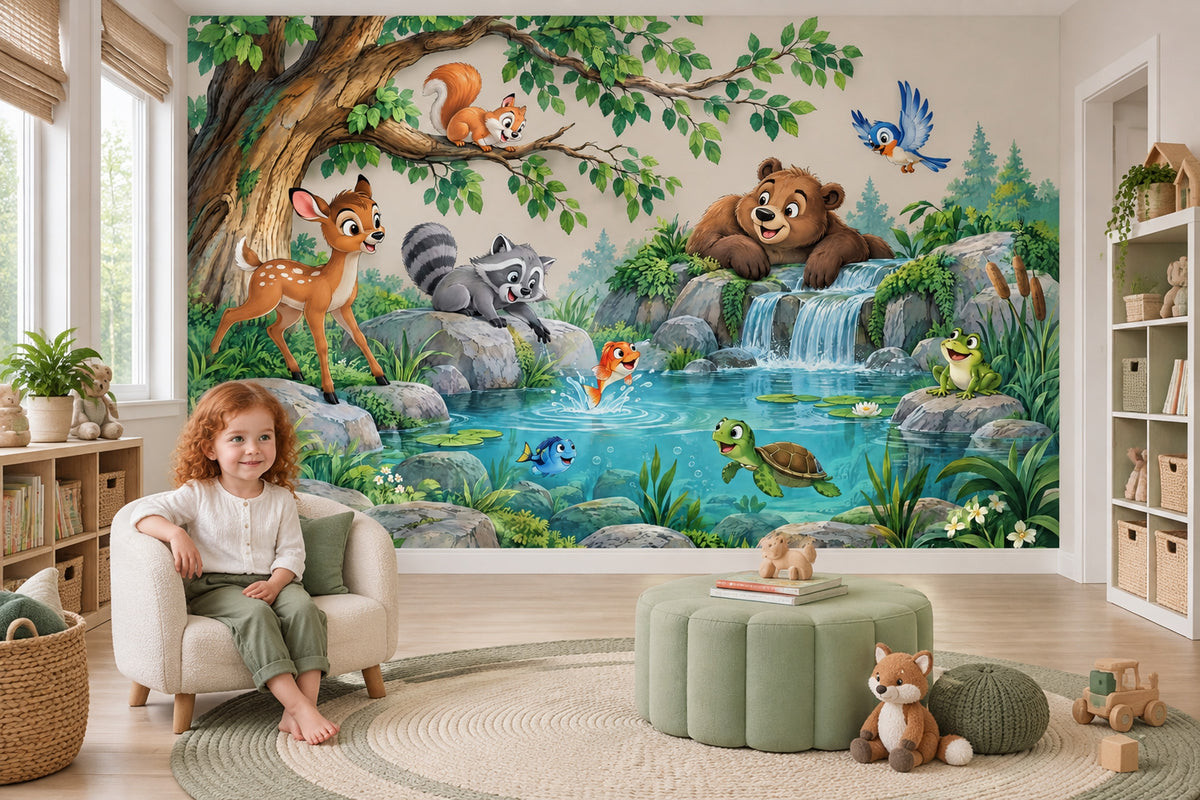 Playful Animal Pond Wall Mural with Cascading Waterfall