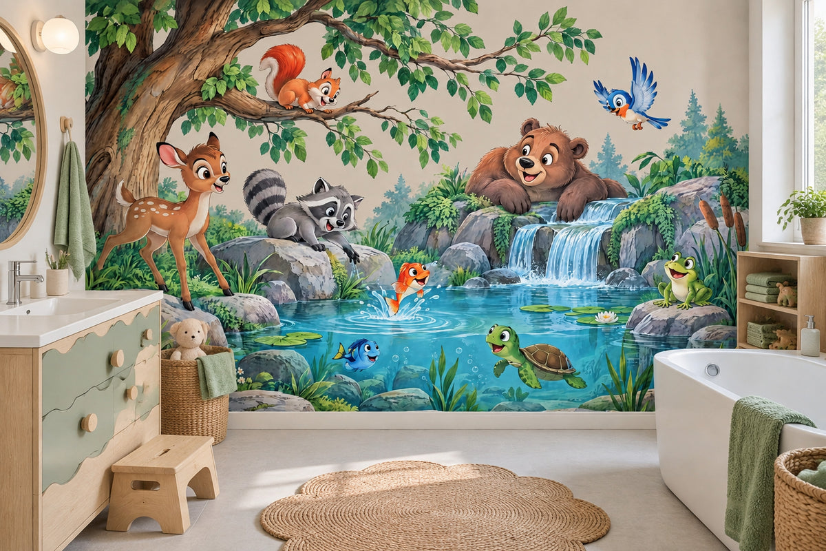 Playful Animal Pond Wall Mural with Cascading Waterfall