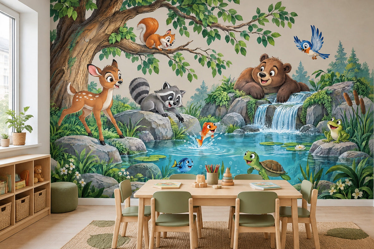 Playful Animal Pond Wall Mural with Cascading Waterfall