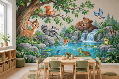 Playful Animal Pond Wall Mural with Cascading Waterfall