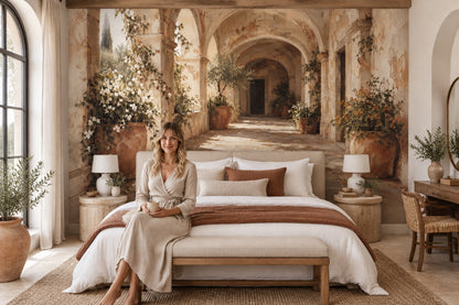 Tuscan Villa Wall Mural with Sunlit Arches and Terracotta Pots