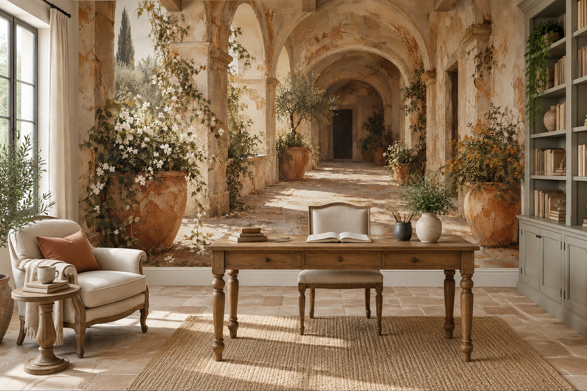 Tuscan Villa Wall Mural with Sunlit Arches and Terracotta Pots