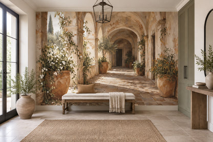 Tuscan Villa Wall Mural with Sunlit Arches and Terracotta Pots