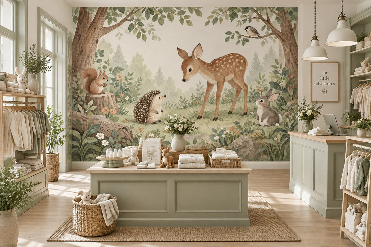 Baby Deer and Hedgehog Nursery Wall Mural with Storybook Animals