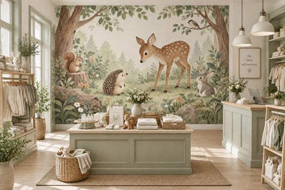 Baby Deer and Hedgehog Nursery Wall Mural with Storybook Animals