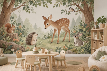 Baby Deer and Hedgehog Nursery Wall Mural with Storybook Animals