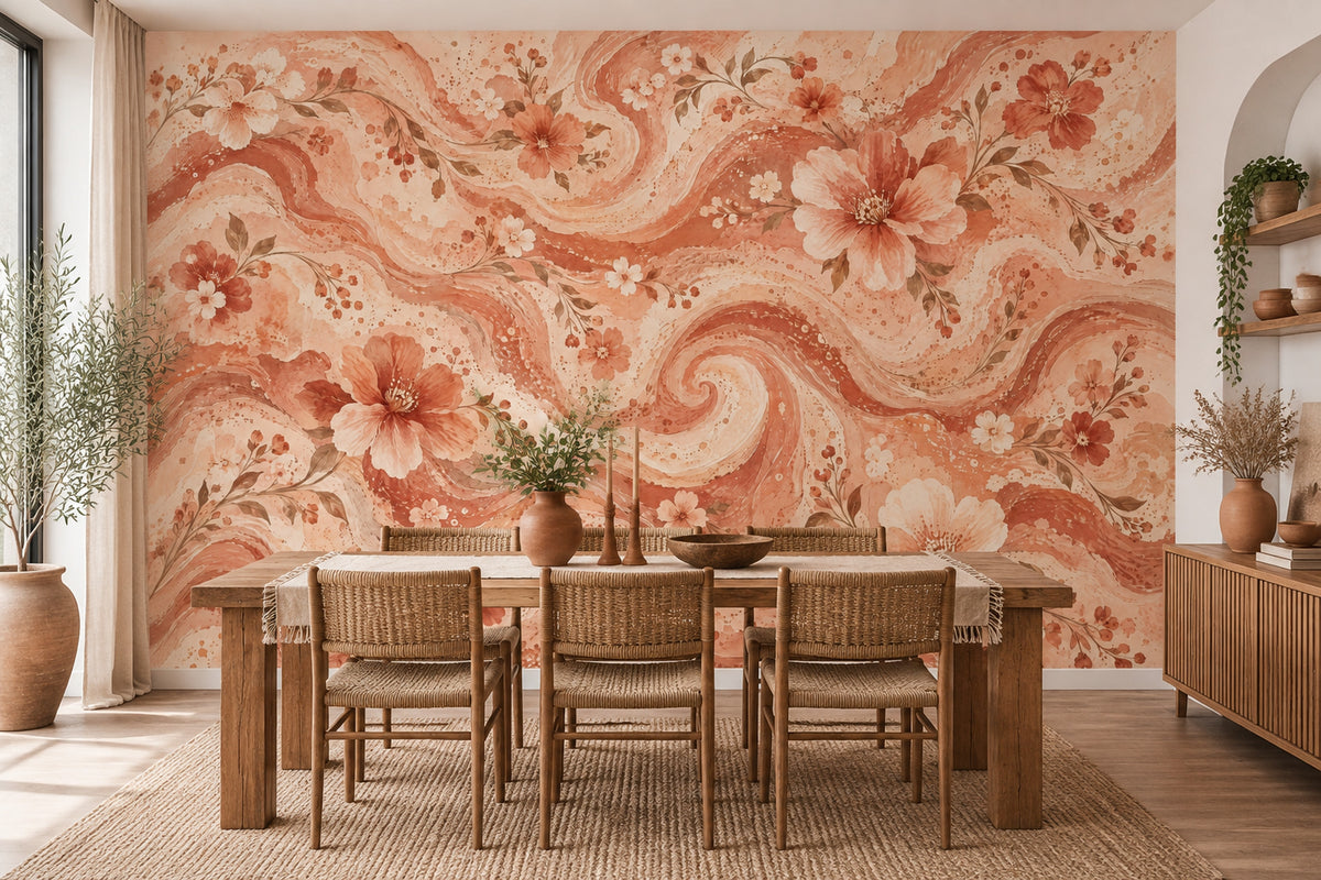 Watercolor Blossom Waves Wall Mural in Peach