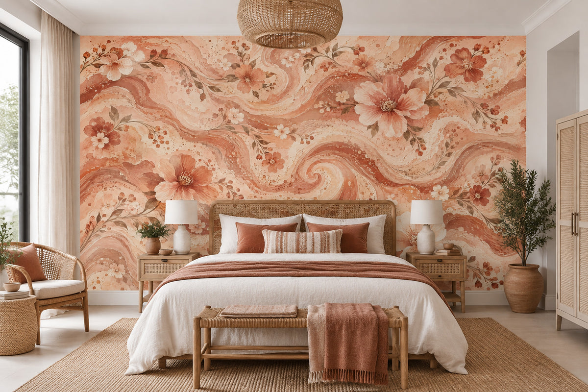 Watercolor Blossom Waves Wall Mural in Peach