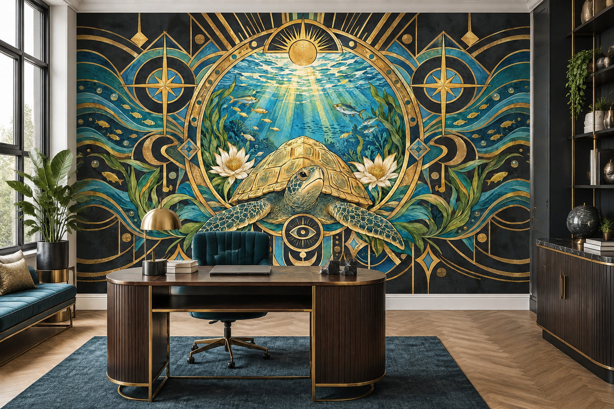 Art Deco Sea Turtle Wall Mural with Golden Celestial Motifs