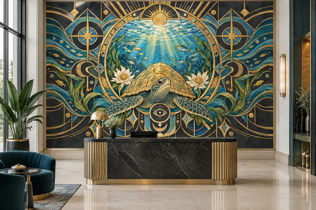 Art Deco Sea Turtle Wall Mural with Golden Celestial Motifs