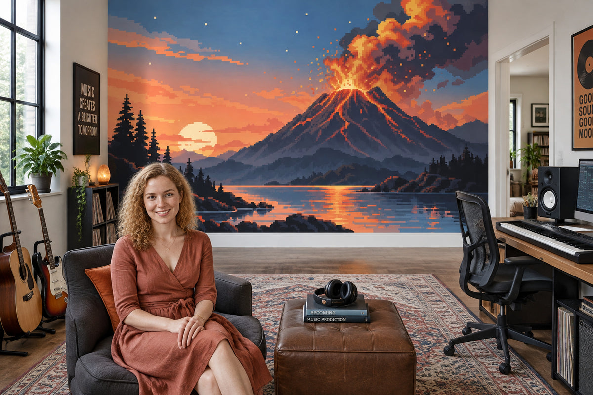 Pixel Art Volcano Wallpaper Sunset Lake Wall Mural
