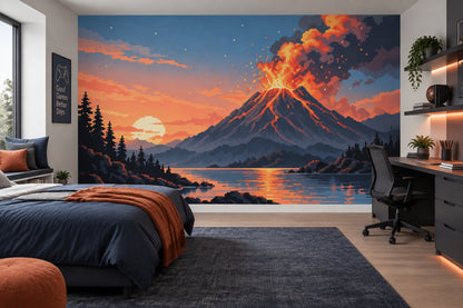 Pixel Art Volcano Wallpaper Sunset Lake Wall Mural