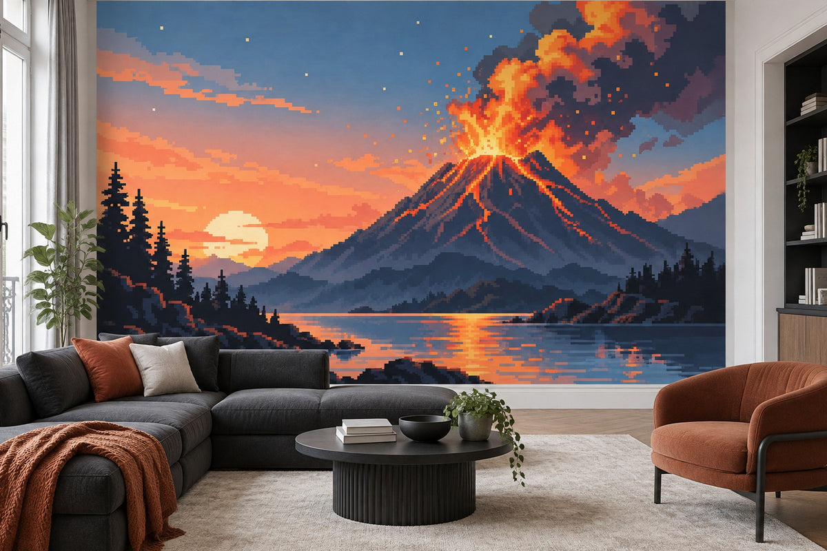 Pixel Art Volcano Wallpaper Sunset Lake Wall Mural
