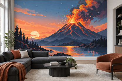 Pixel Art Volcano Wallpaper Sunset Lake Wall Mural