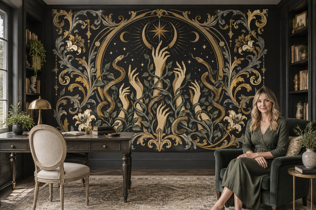 Gothic Serpent Wall Mural with Golden Hands Beneath Crescent Moons