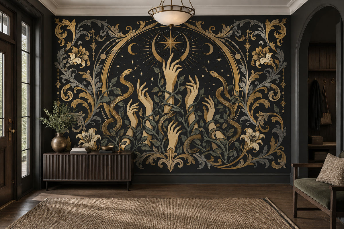 Gothic Serpent Wall Mural with Golden Hands Beneath Crescent Moons