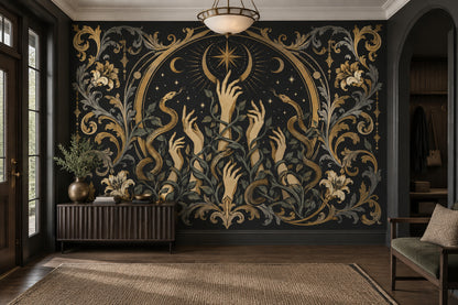 Gothic Serpent Wall Mural with Golden Hands Beneath Crescent Moons