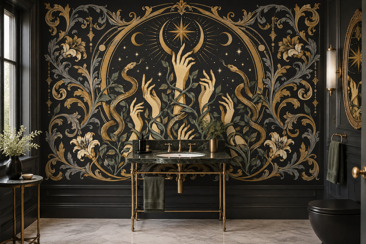 Gothic Serpent Wall Mural with Golden Hands Beneath Crescent Moons