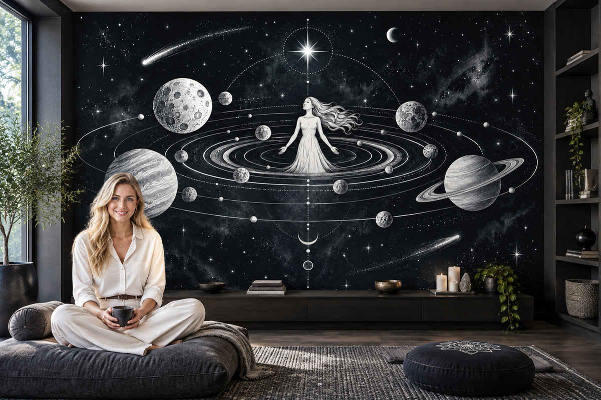 Cosmic Goddess Wall Mural with Orbiting Planets