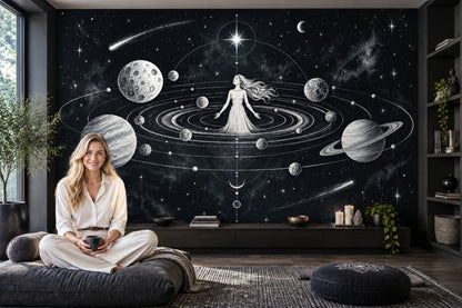 Cosmic Goddess Wall Mural with Orbiting Planets