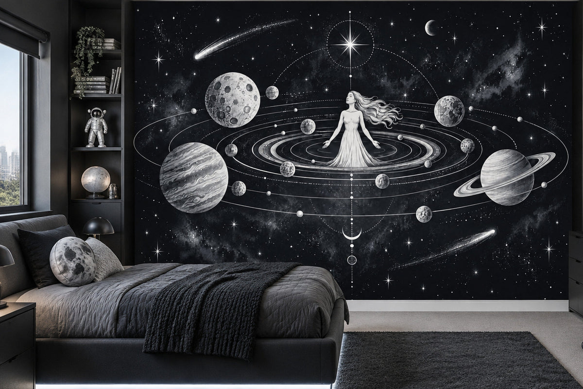 Cosmic Goddess Wall Mural with Orbiting Planets