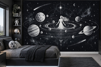 Cosmic Goddess Wall Mural with Orbiting Planets