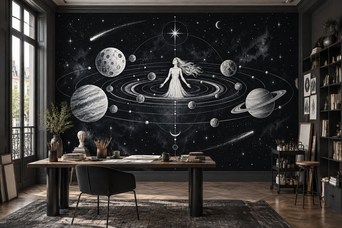 Cosmic Goddess Wall Mural with Orbiting Planets