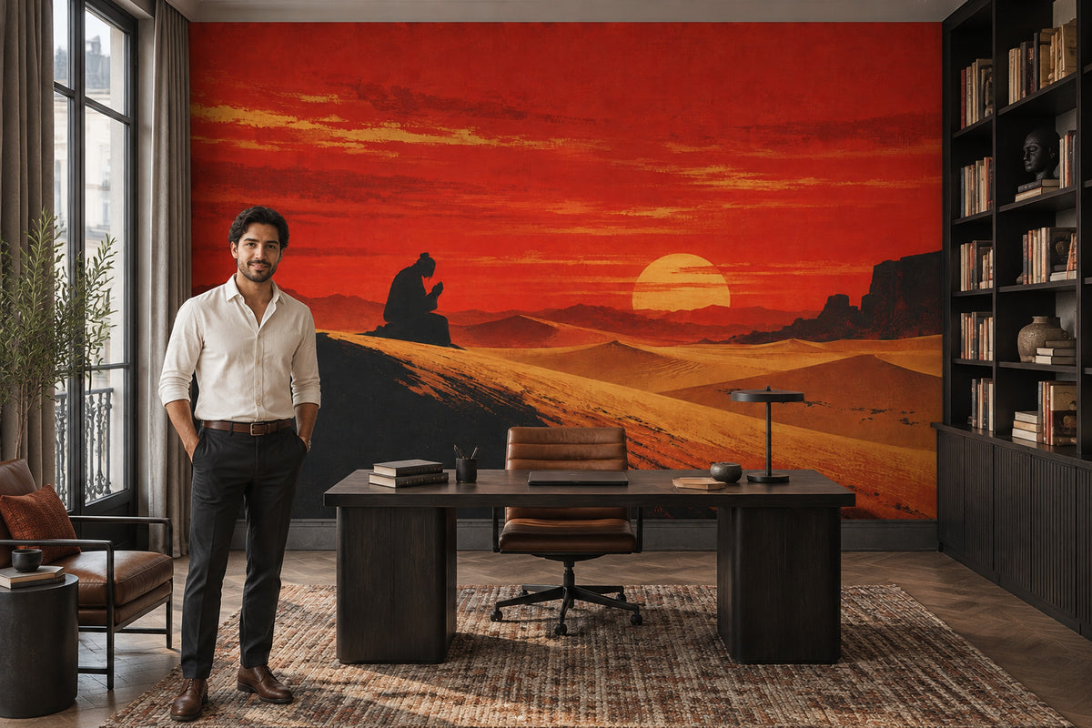 Sunset Desert Landscape Wallpaper Textured Illustration Wall Mural