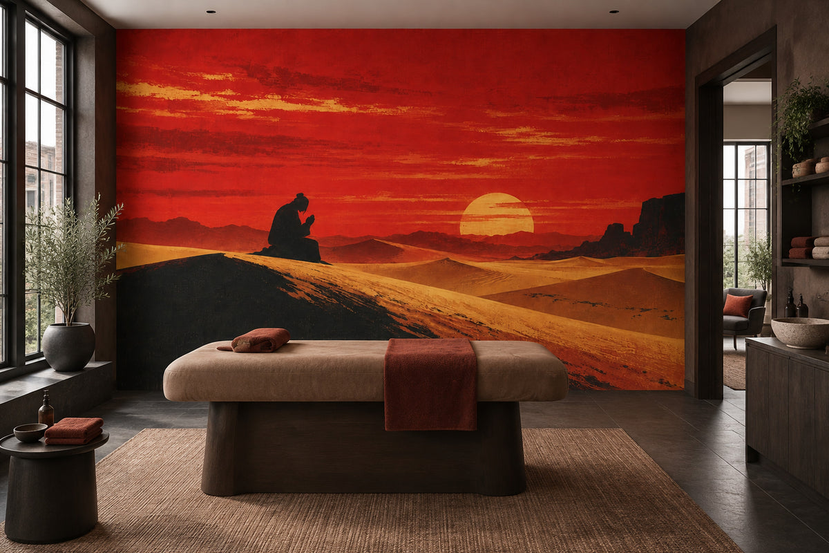 Sunset Desert Landscape Wallpaper Textured Illustration Wall Mural