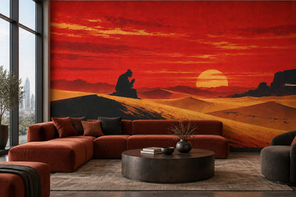 Sunset Desert Landscape Wallpaper Textured Illustration Wall Mural