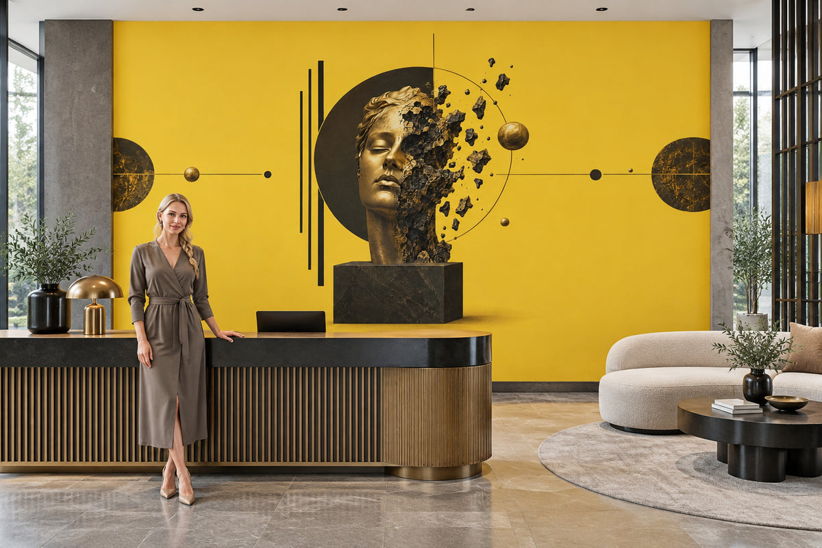 Fragmented Golden Face Wall Mural on Vivid Yellow