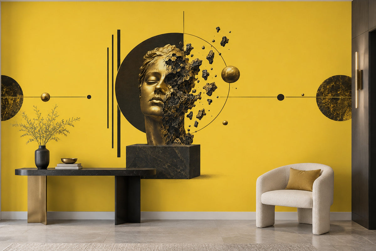 Fragmented Golden Face Wall Mural on Vivid Yellow