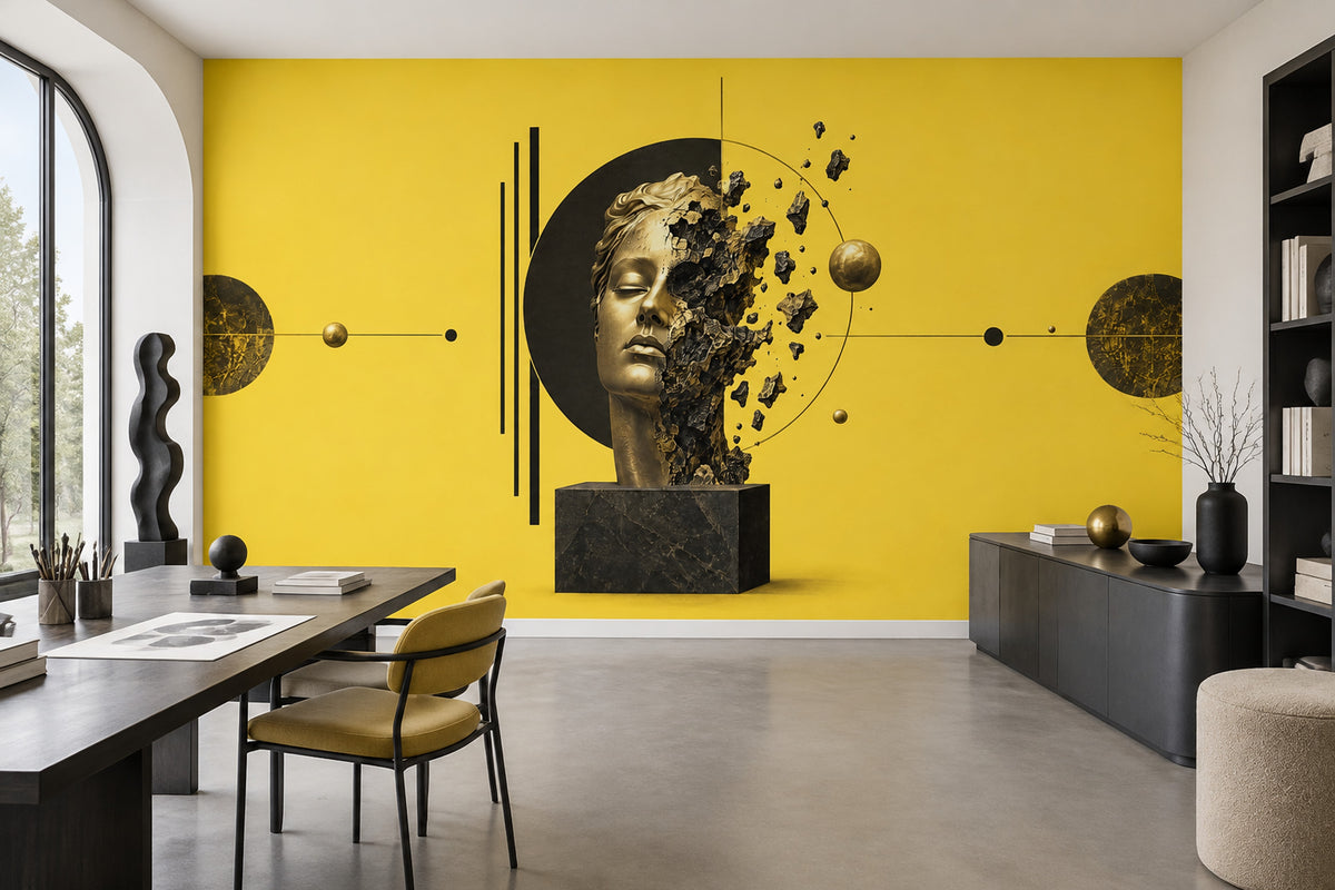 Fragmented Golden Face Wall Mural on Vivid Yellow