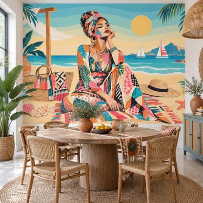 Boho Beach Woman Wall Mural in Colorful Collage Style