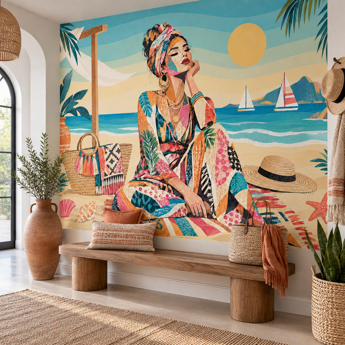 Boho Beach Woman Wall Mural in Colorful Collage Style