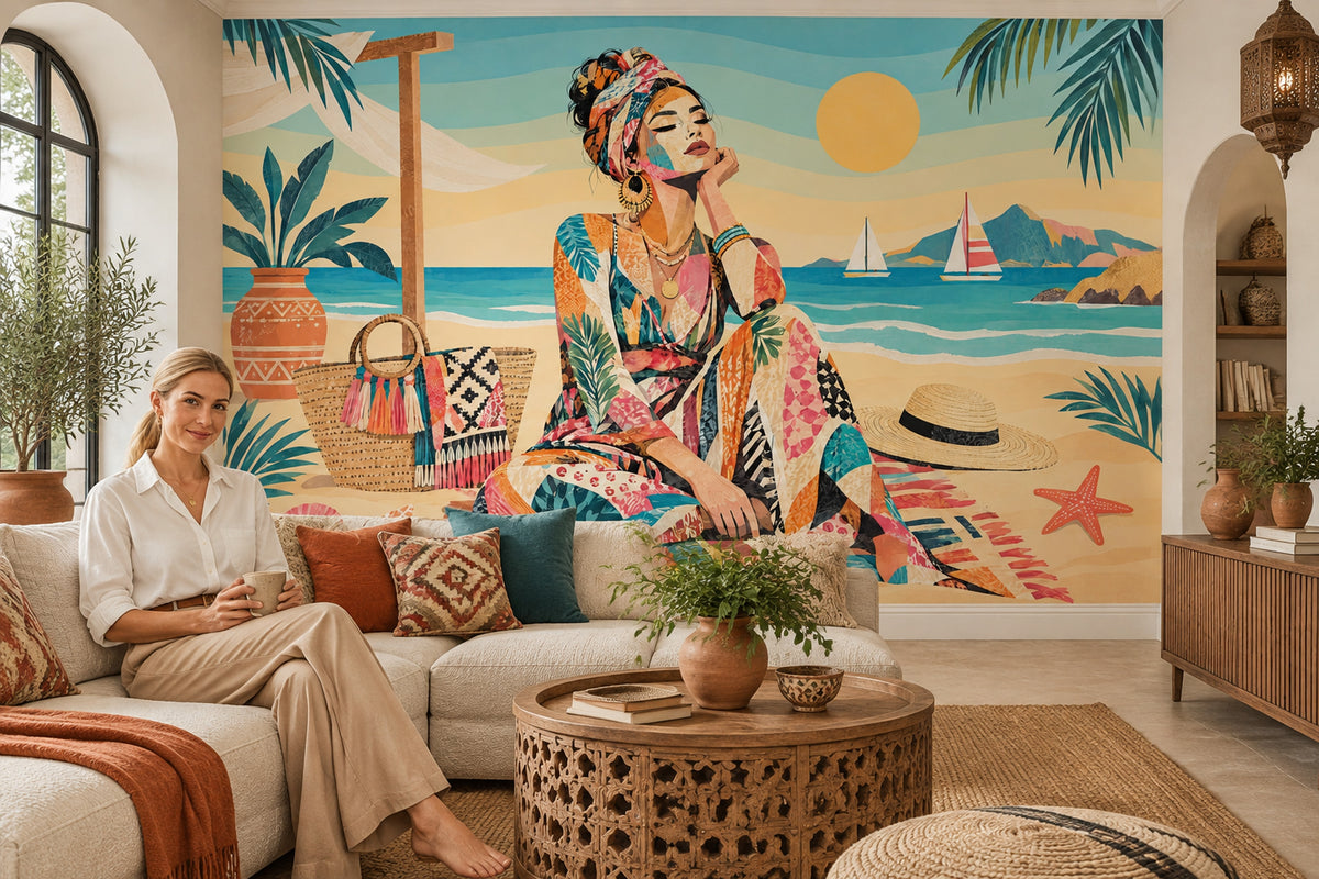 Boho Beach Woman Wall Mural in Colorful Collage Style