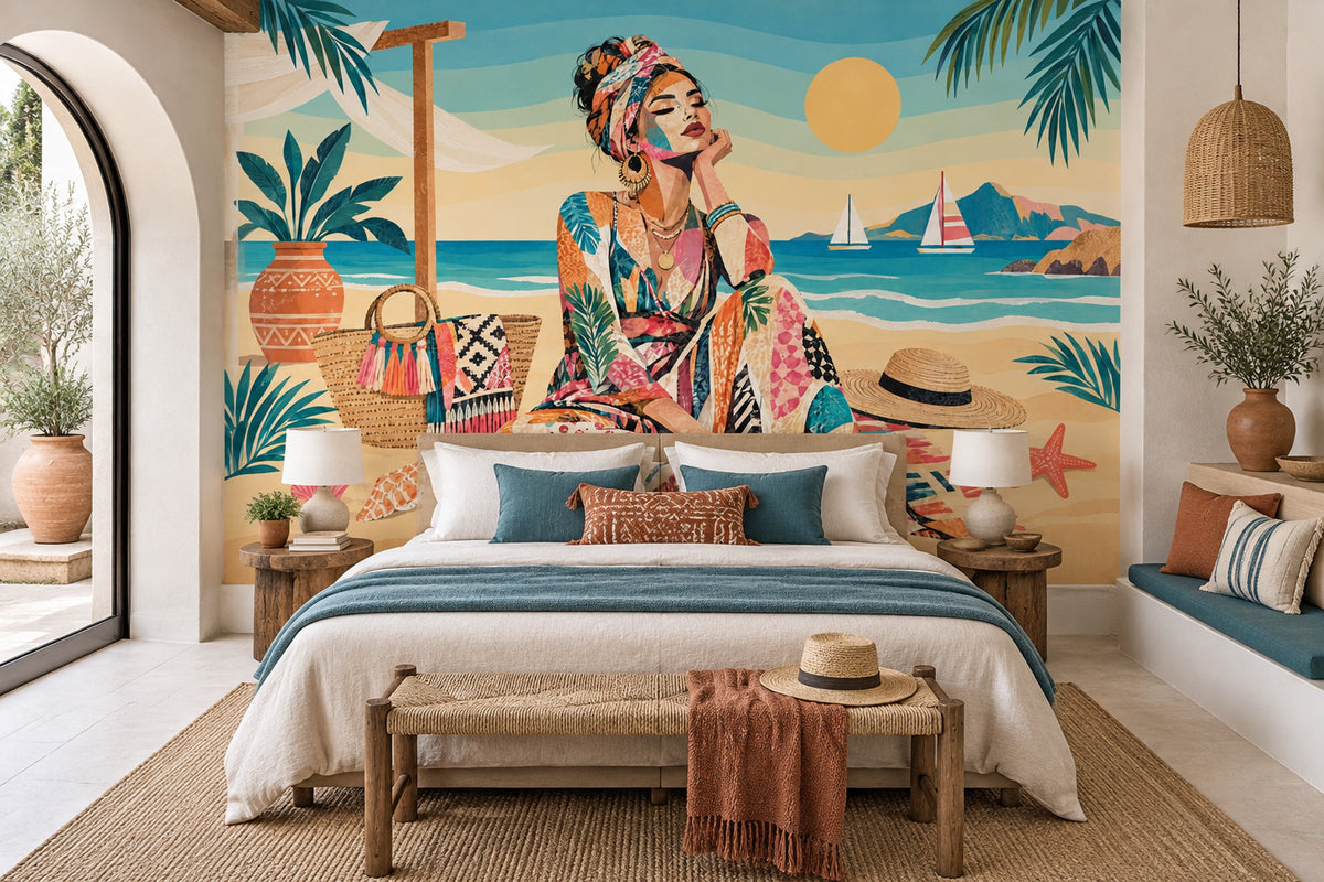 Boho Beach Woman Wall Mural in Colorful Collage Style