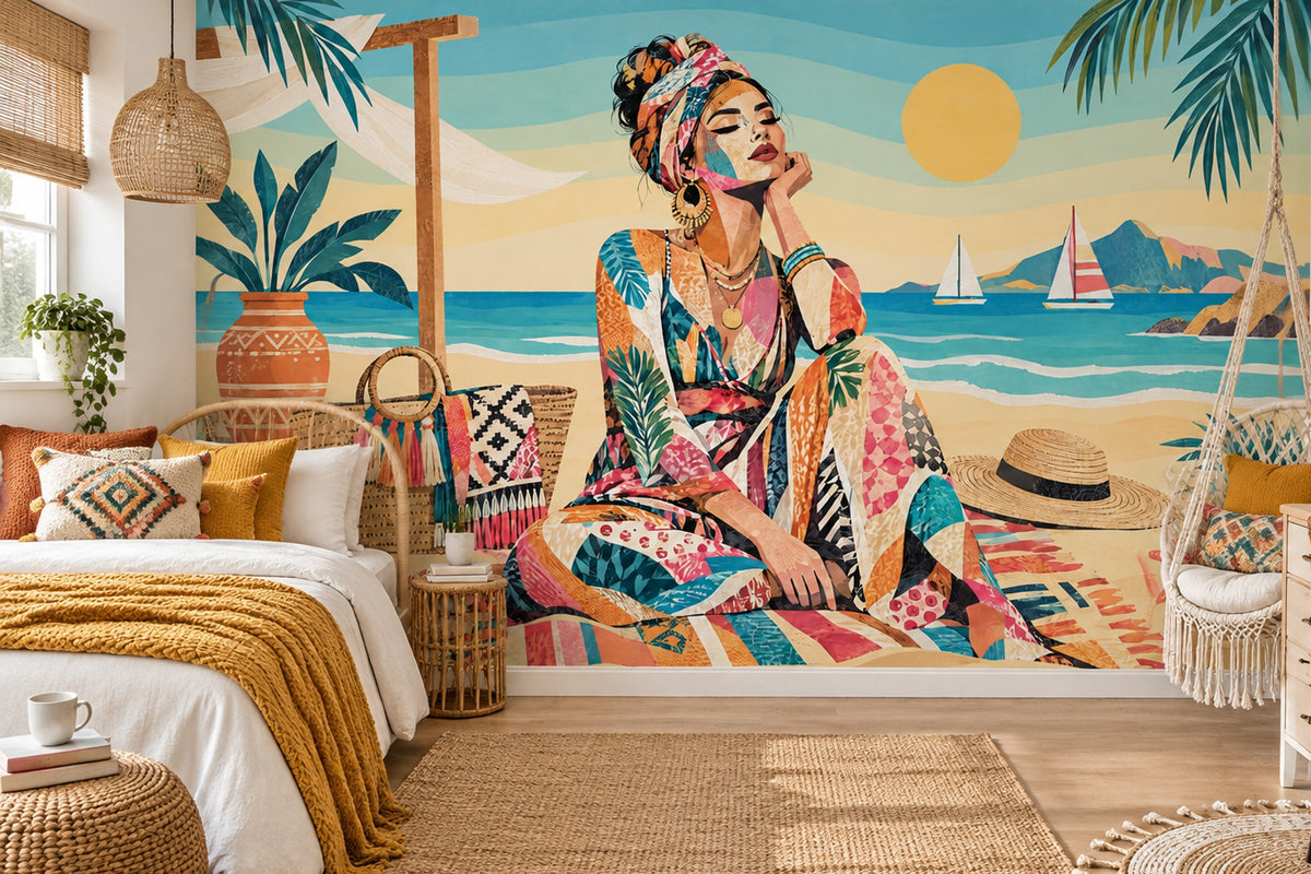 Boho Beach Woman Wall Mural in Colorful Collage Style