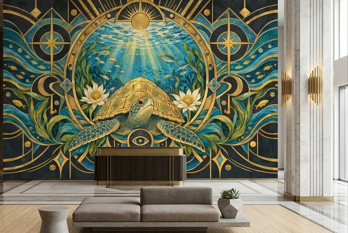 Art Deco Sea Turtle Wall Mural with Golden Celestial Motifs