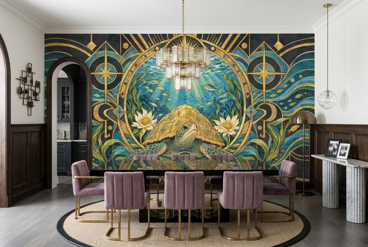 Art Deco Sea Turtle Wall Mural with Golden Celestial Motifs