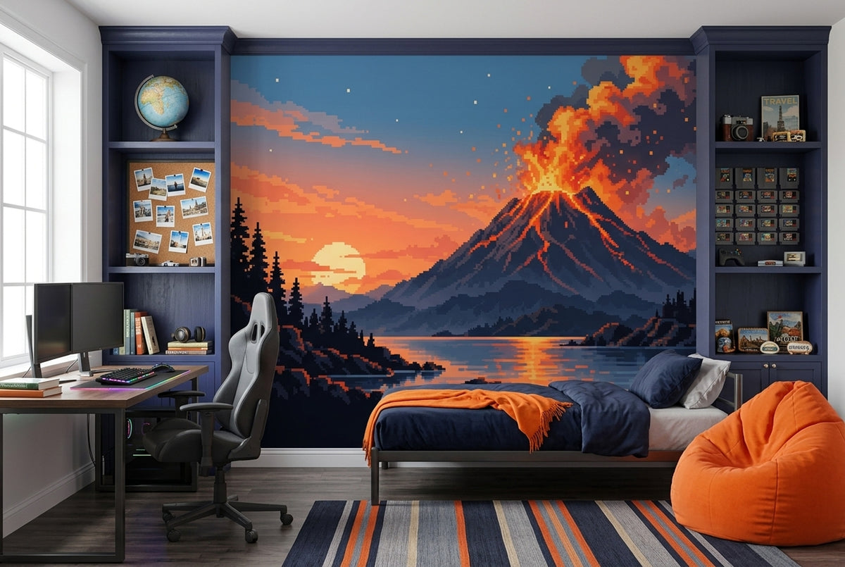 Pixel Art Volcano Wallpaper Sunset Lake Wall Mural
