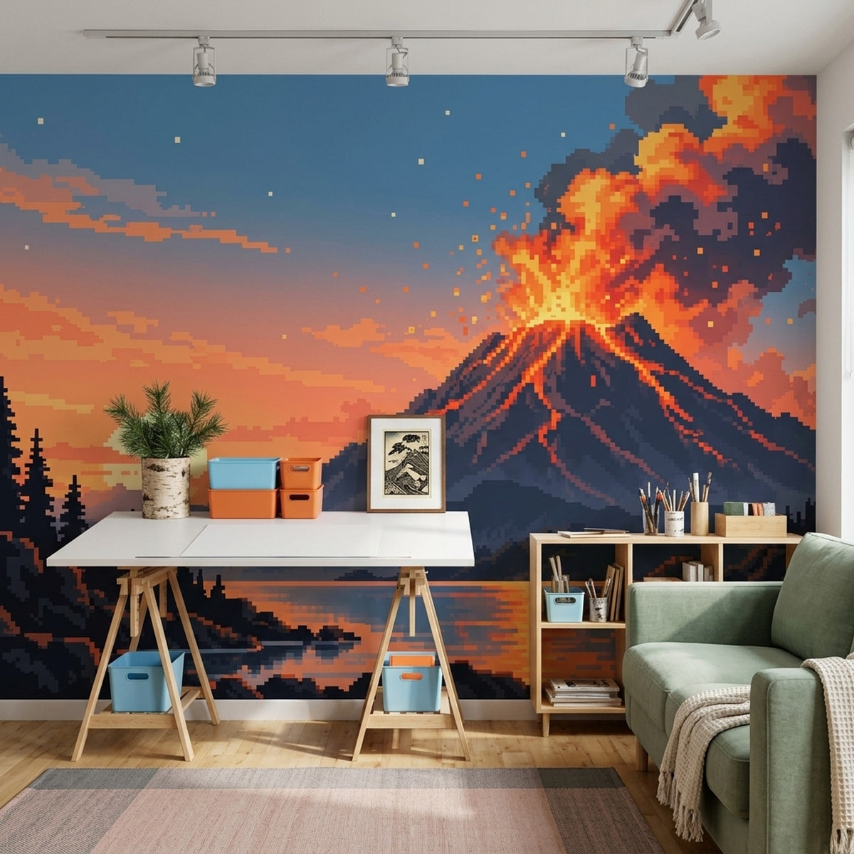 Pixel Art Volcano Wallpaper Sunset Lake Wall Mural