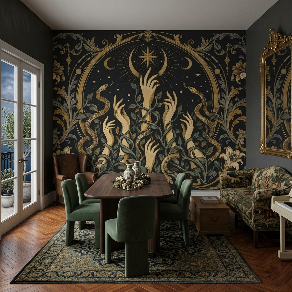 Gothic Serpent Wall Mural with Golden Hands Beneath Crescent Moons