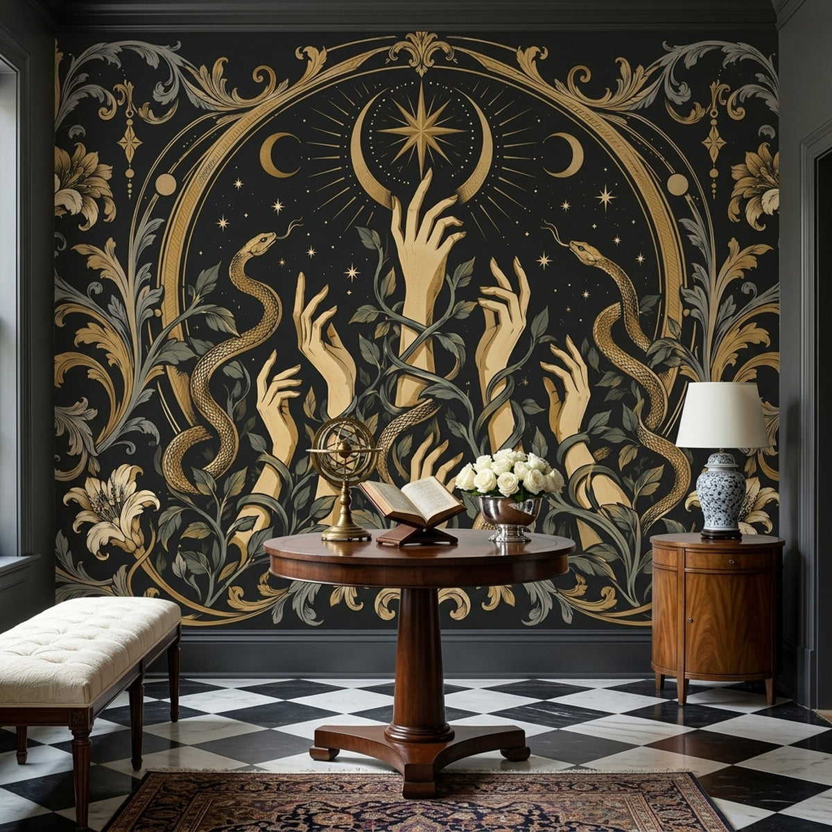 Gothic Serpent Wall Mural with Golden Hands Beneath Crescent Moons