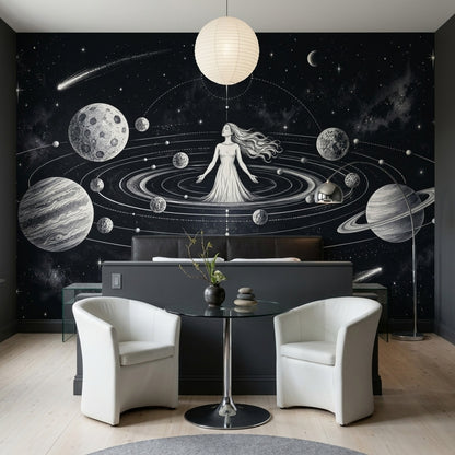 Cosmic Goddess Wall Mural with Orbiting Planets
