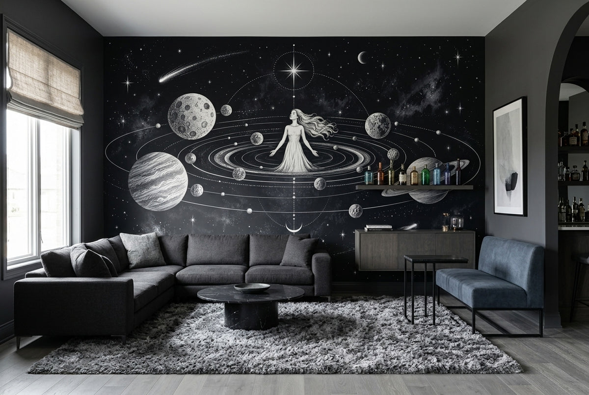 Cosmic Goddess Wall Mural with Orbiting Planets
