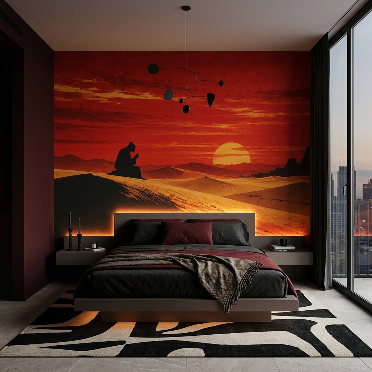 Sunset Desert Landscape Wallpaper Textured Illustration Wall Mural